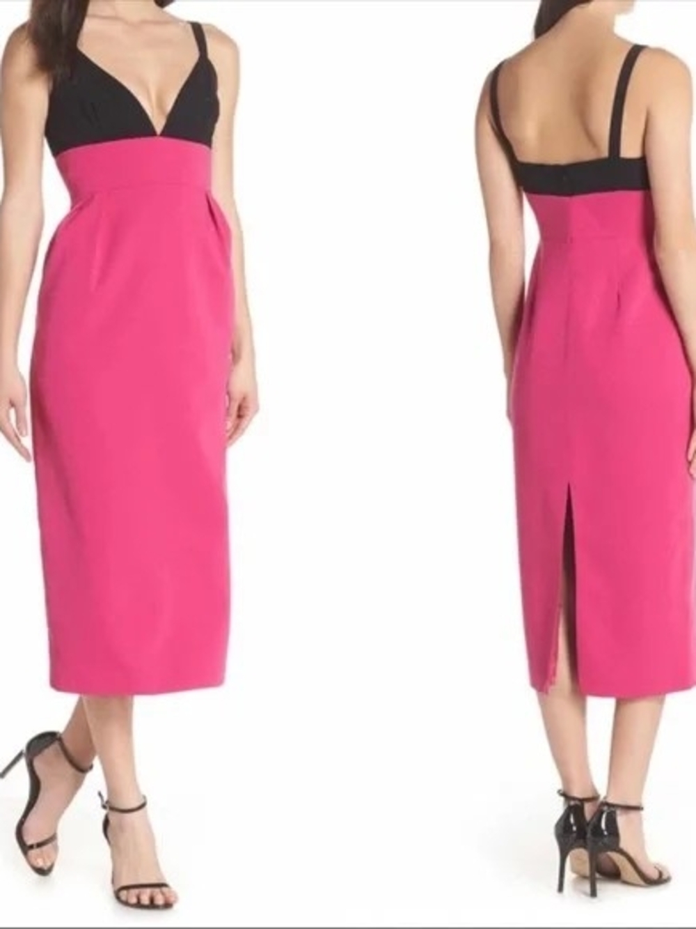 Jill Stuart Fitted Two-Tone Midi Dress in Hot Pink & Black